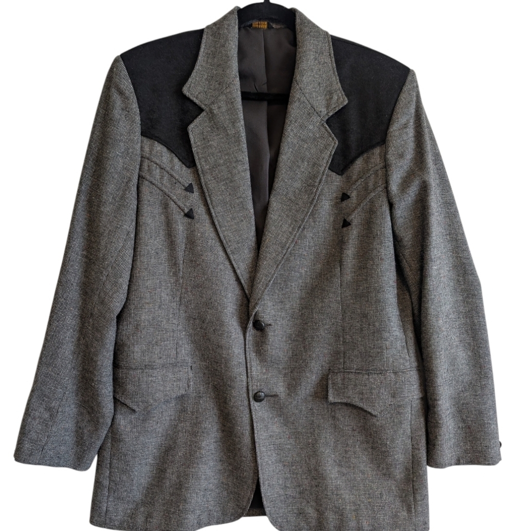 Vtg Pioneer Wear Western Blazer Jacket Black Gray Tweed 42L Men's